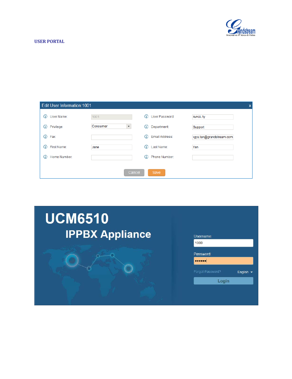 User portal, Figure 10: edit user information by super admin, Figure 11: user portal login | Grandstream UCM6510 User Manual User Manual | Page 41 / 314