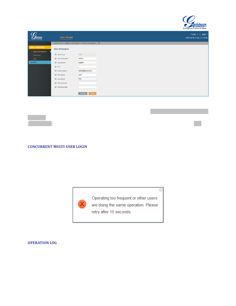 Concurrent multi-user login, Operation log, Figure 12: user portal layout | Figure 13: multiple user operation error prompt | Grandstream UCM6510 User Manual User Manual | Page 42 / 314