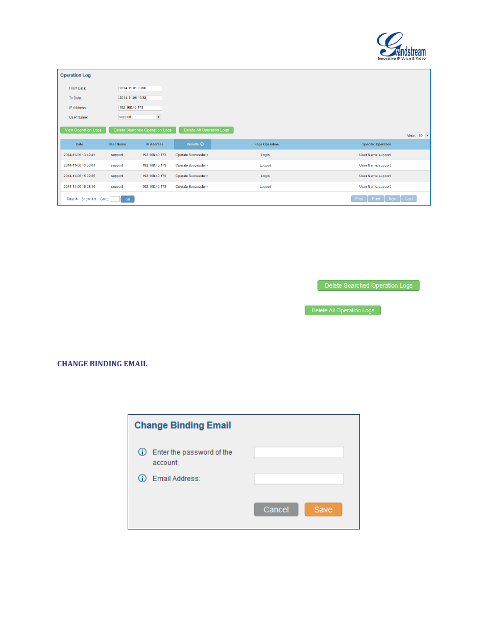Change binding email, Figure 15: operation logs filter, Figure 16: change binding email | Grandstream UCM6510 User Manual User Manual | Page 44 / 314