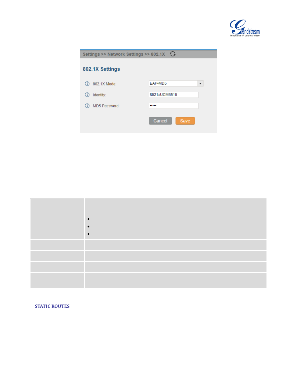 Static routes, Table 9: ucm6510 network settings->802.1x, Figure 21: ucm6510 using 802.1x eap-md5 | Grandstream UCM6510 User Manual User Manual | Page 51 / 314