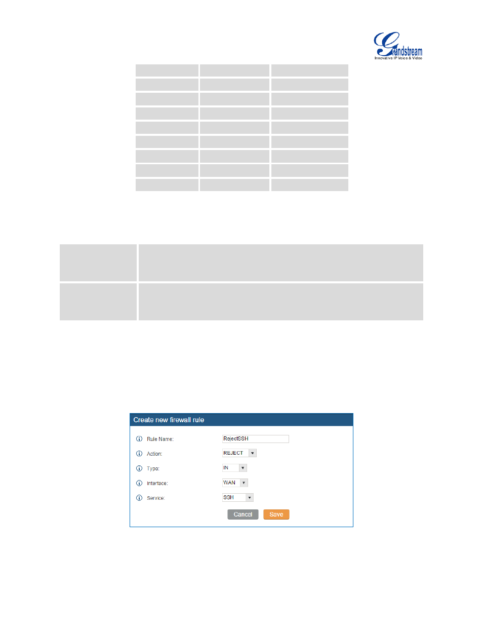 Table 13: typical firewall settings, Figure 29: create new firewall rule | Grandstream UCM6510 User Manual User Manual | Page 58 / 314