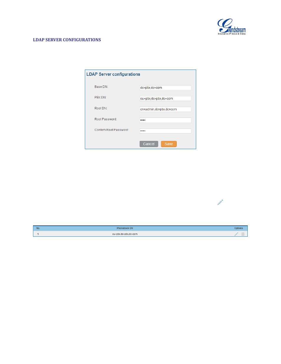 Ldap server configurations, Figure 31: ldap server configurations, Figure 32: default ldap phonebook dn | Grandstream UCM6510 User Manual User Manual | Page 63 / 314
