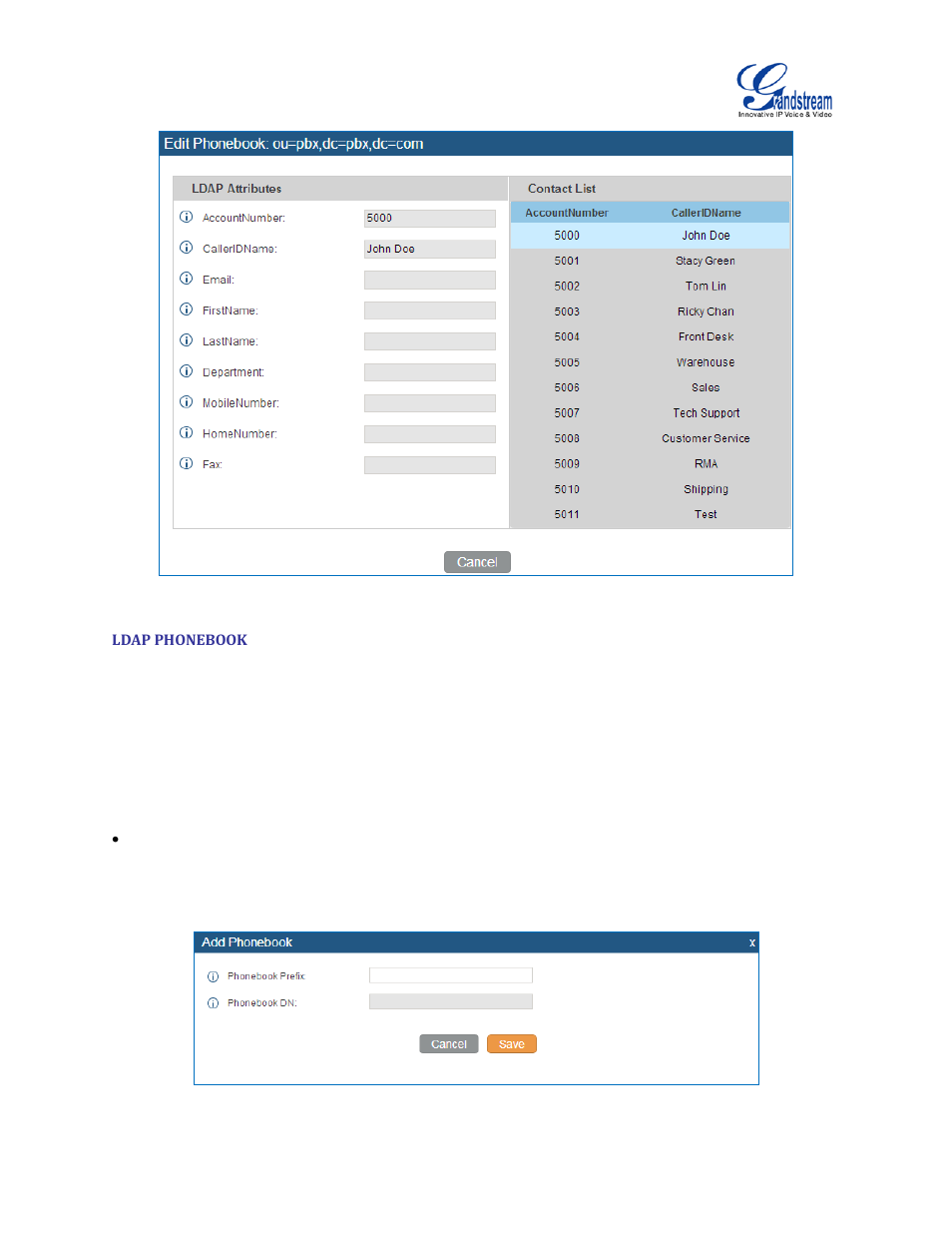 Ldap phonebook, Figure 33: default ldap phonebook attributes, Figure 34: add ldap phonebook | Grandstream UCM6510 User Manual User Manual | Page 64 / 314