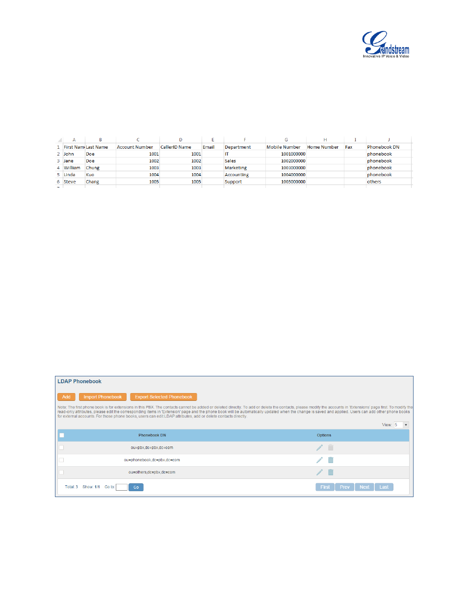 Figure 37: phonebook csv file format, Figure 38: ldap phonebook after import | Grandstream UCM6510 User Manual User Manual | Page 66 / 314
