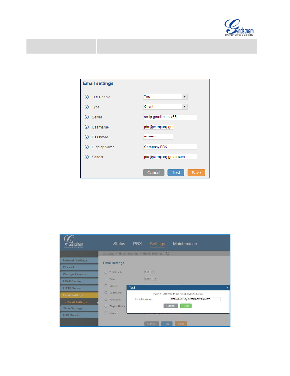 Figure 42: ucm6510 email settings, Figure 43: ucm6510 email settings: send test email | Grandstream UCM6510 User Manual User Manual | Page 71 / 314