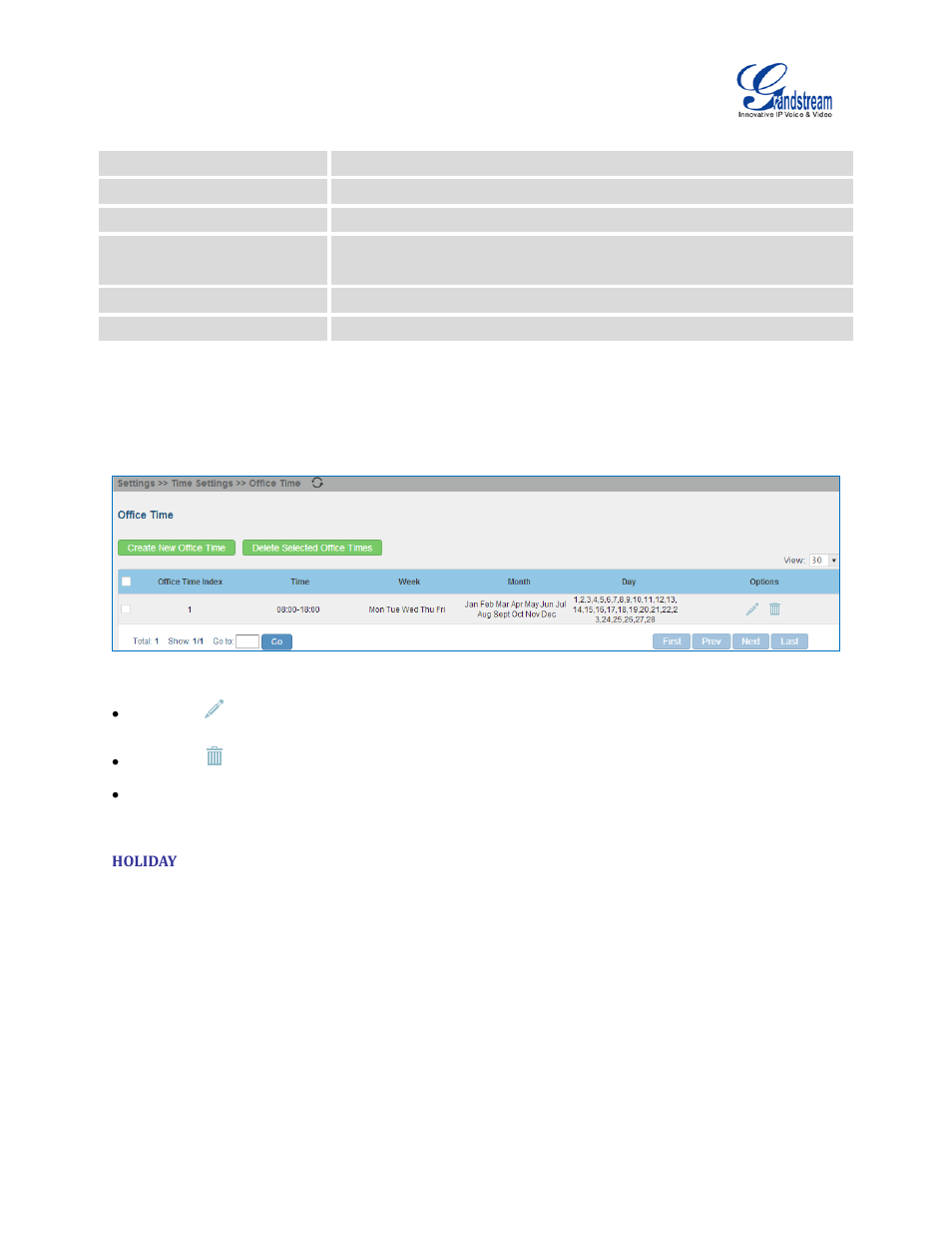 Holiday, Table 20: create new office time, Figure 46: settings->time settings->office time | Grandstream UCM6510 User Manual User Manual | Page 75 / 314