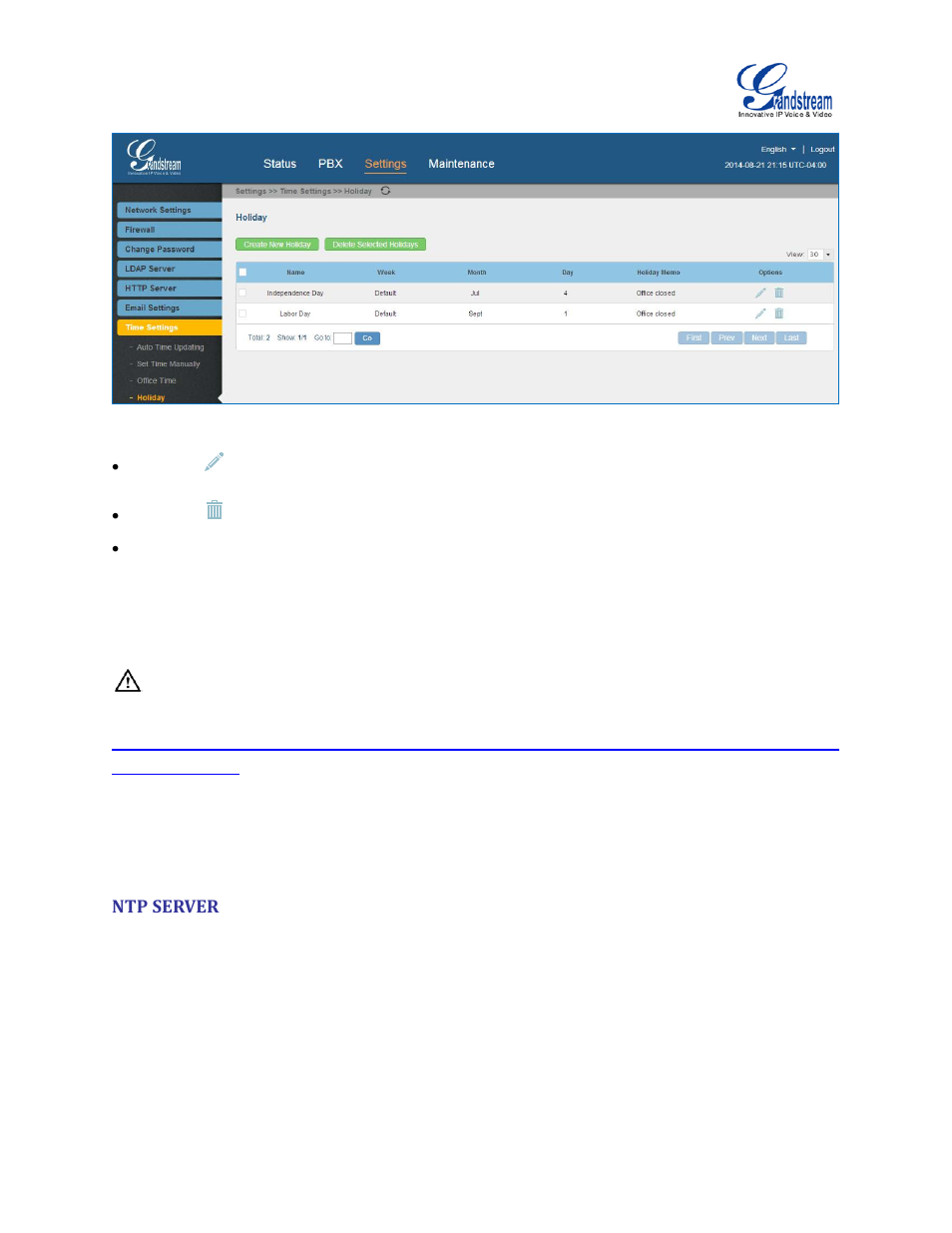 Ntp server, Figure 48: settings->time settings->holiday | Grandstream UCM6510 User Manual User Manual | Page 77 / 314