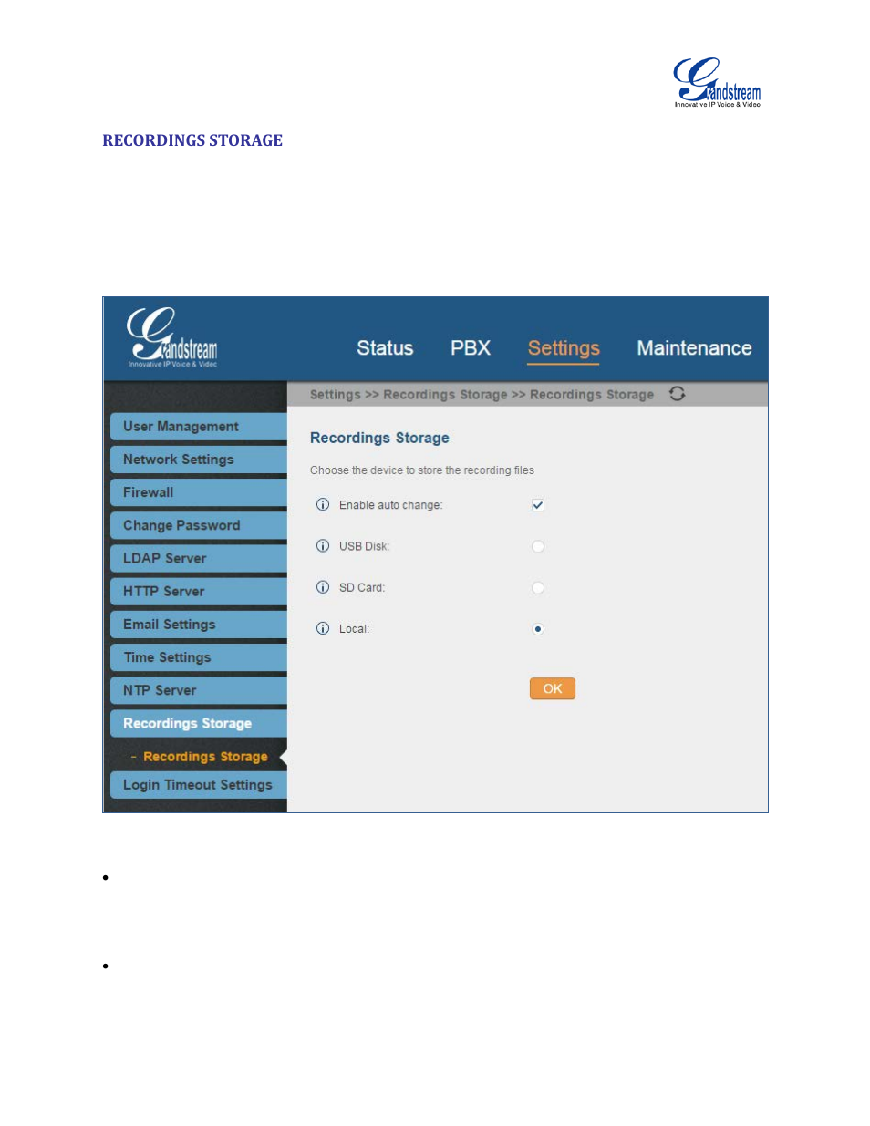 Recordings storage, Figure 49: settings->recordings storage | Grandstream UCM6510 User Manual User Manual | Page 78 / 314
