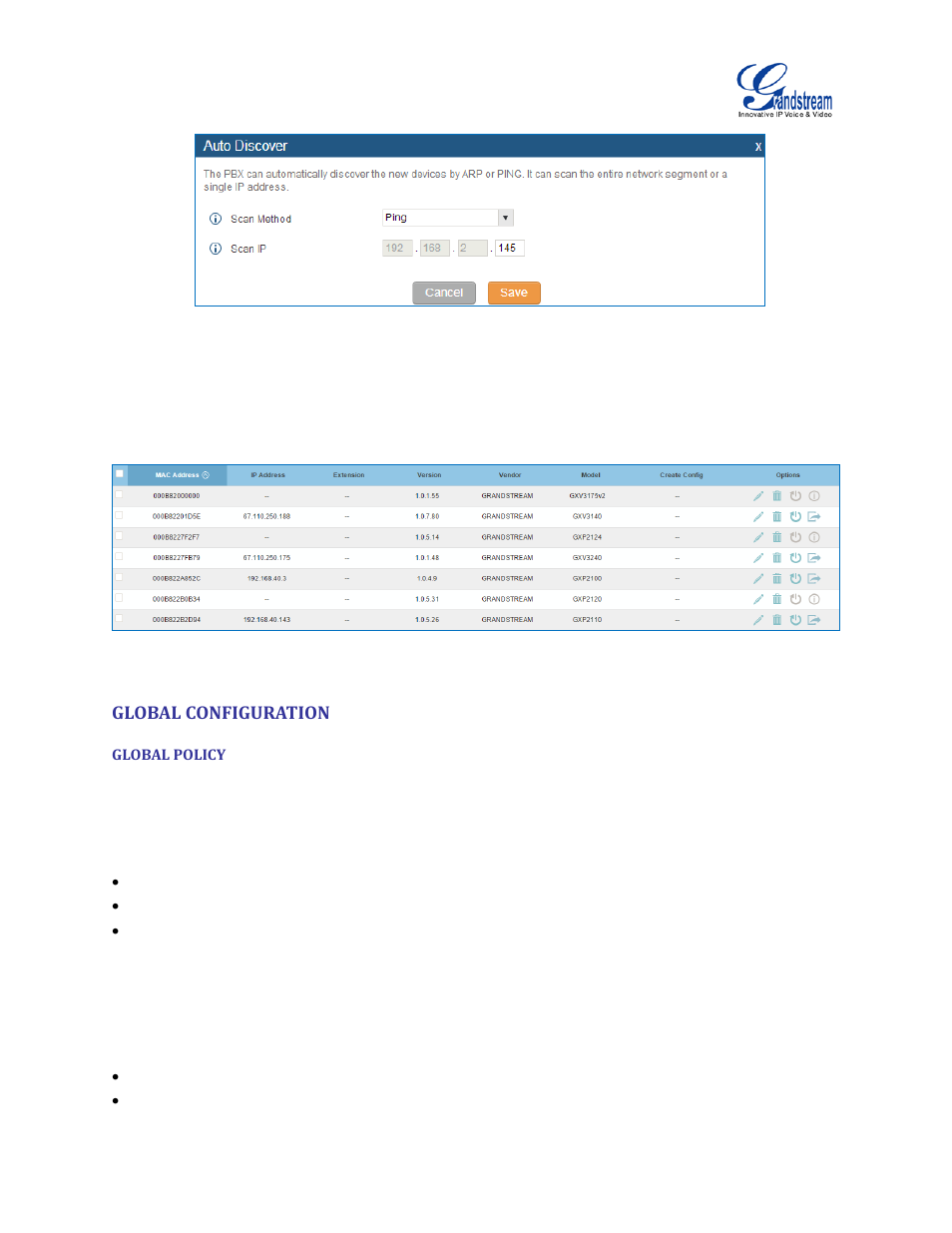 Global configuration, Global policy, Figure 56: auto discover | Figure 57: discovered devices | Grandstream UCM6510 User Manual User Manual | Page 87 / 314