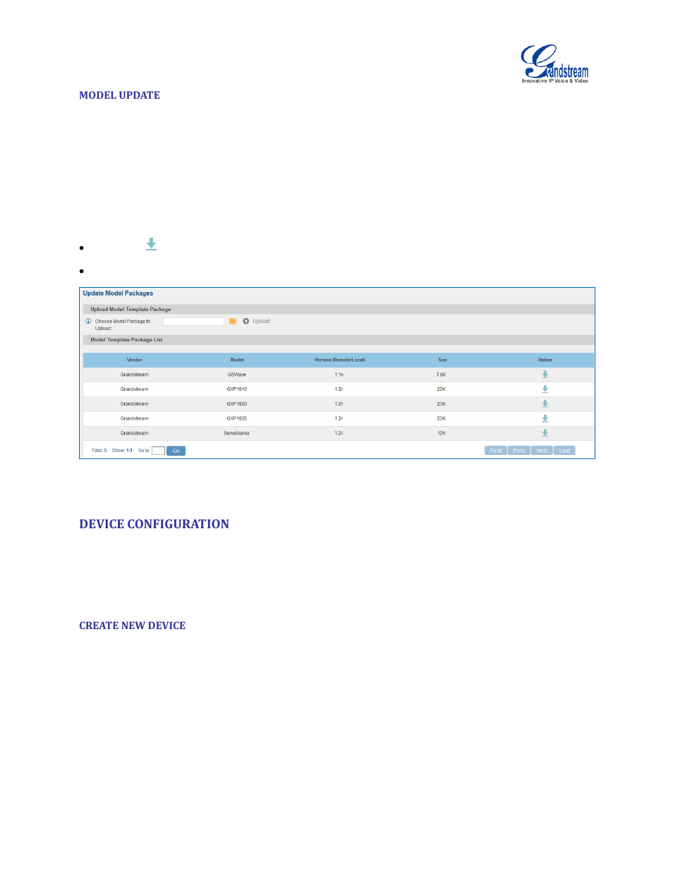 Model update, Device configuration, Create new device | Figure 61: template management, Device, Configuration | Grandstream UCM6510 User Manual User Manual | Page 99 / 314