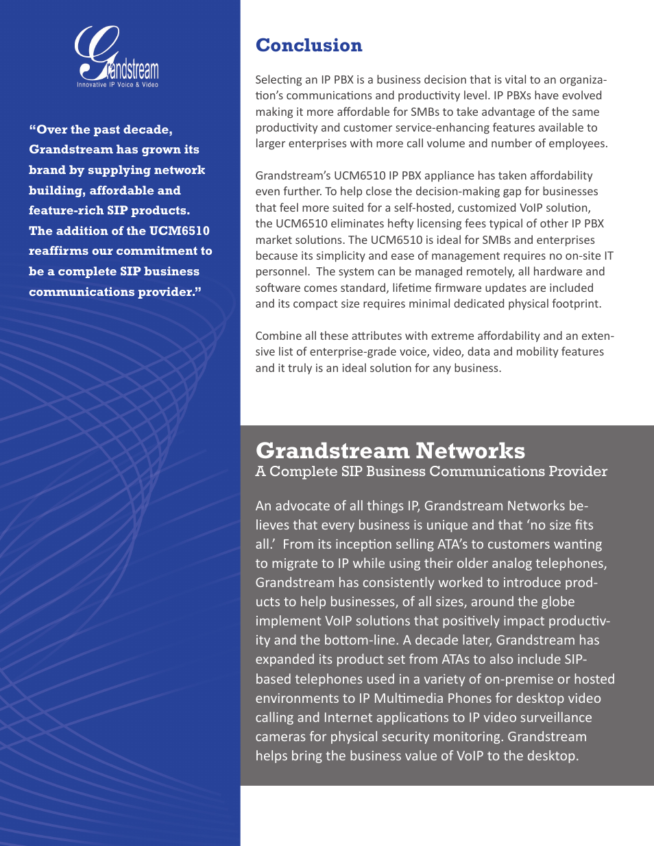 Grandstream networks, Conclusion | Grandstream UCM6510 Buyer's Guide User Manual | Page 15 / 17