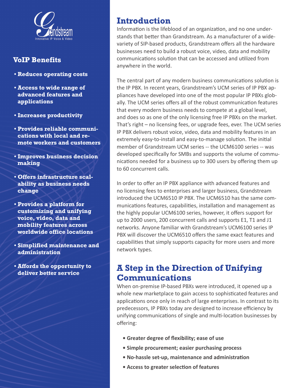 Introduction, A step in the direction of unifying communications, Voip benefits | Grandstream UCM6510 Buyer's Guide User Manual | Page 3 / 17