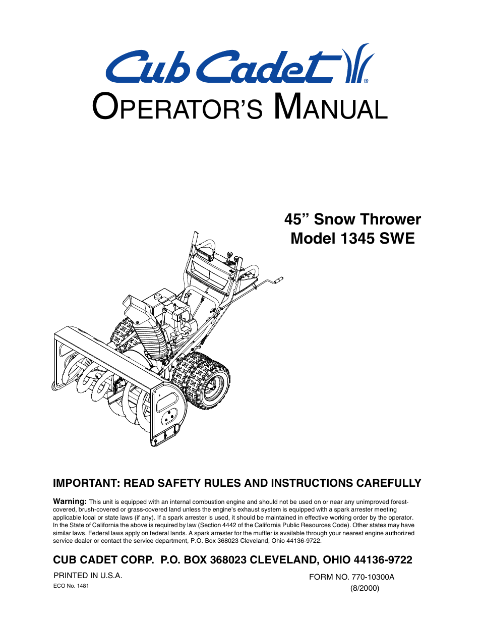 Cub Cadet 1345 SWE User Manual | 28 pages