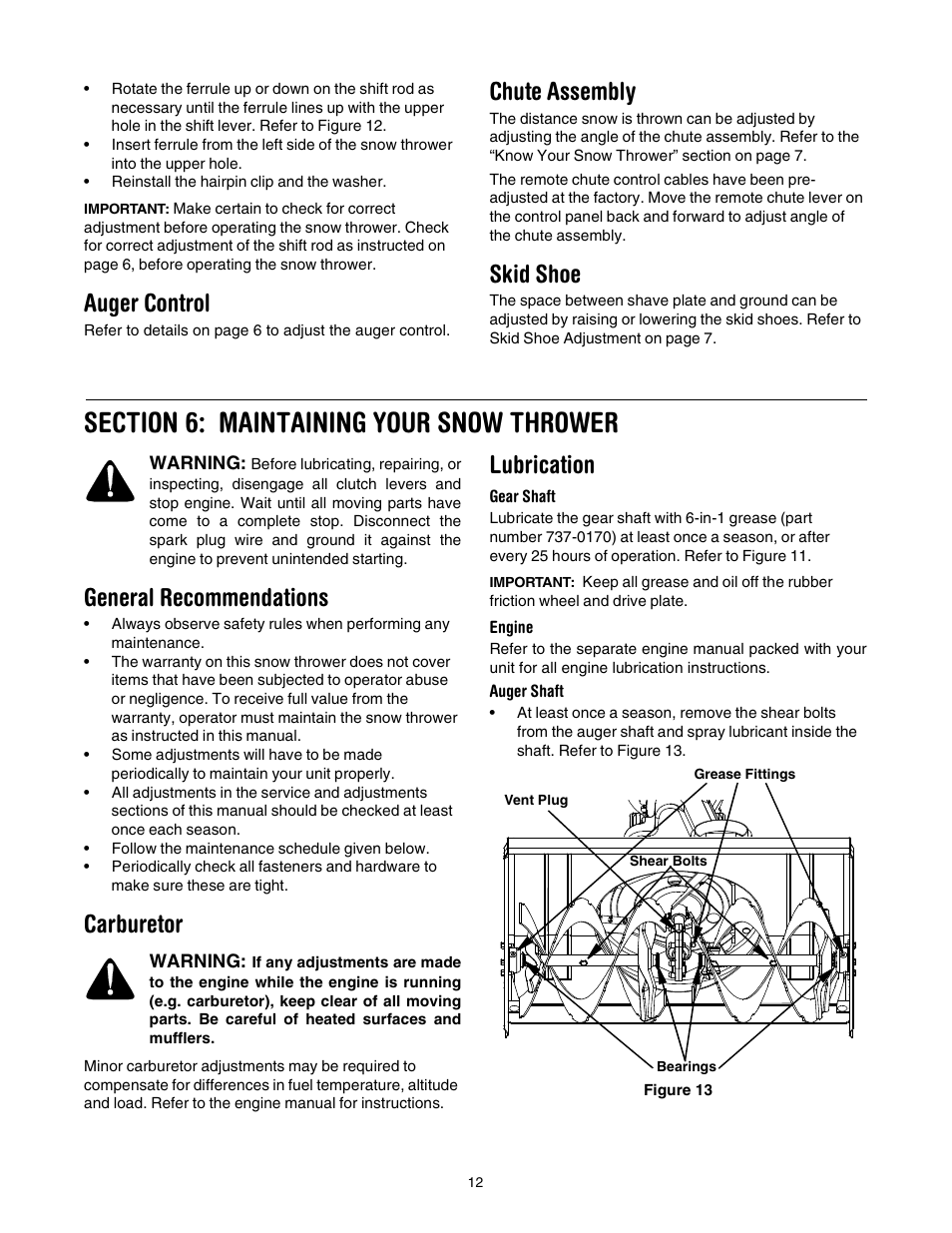 Auger control, Chute assembly, Skid shoe | General recommendations, Carburetor, Lubrication | Cub Cadet 1345 SWE User Manual | Page 12 / 28