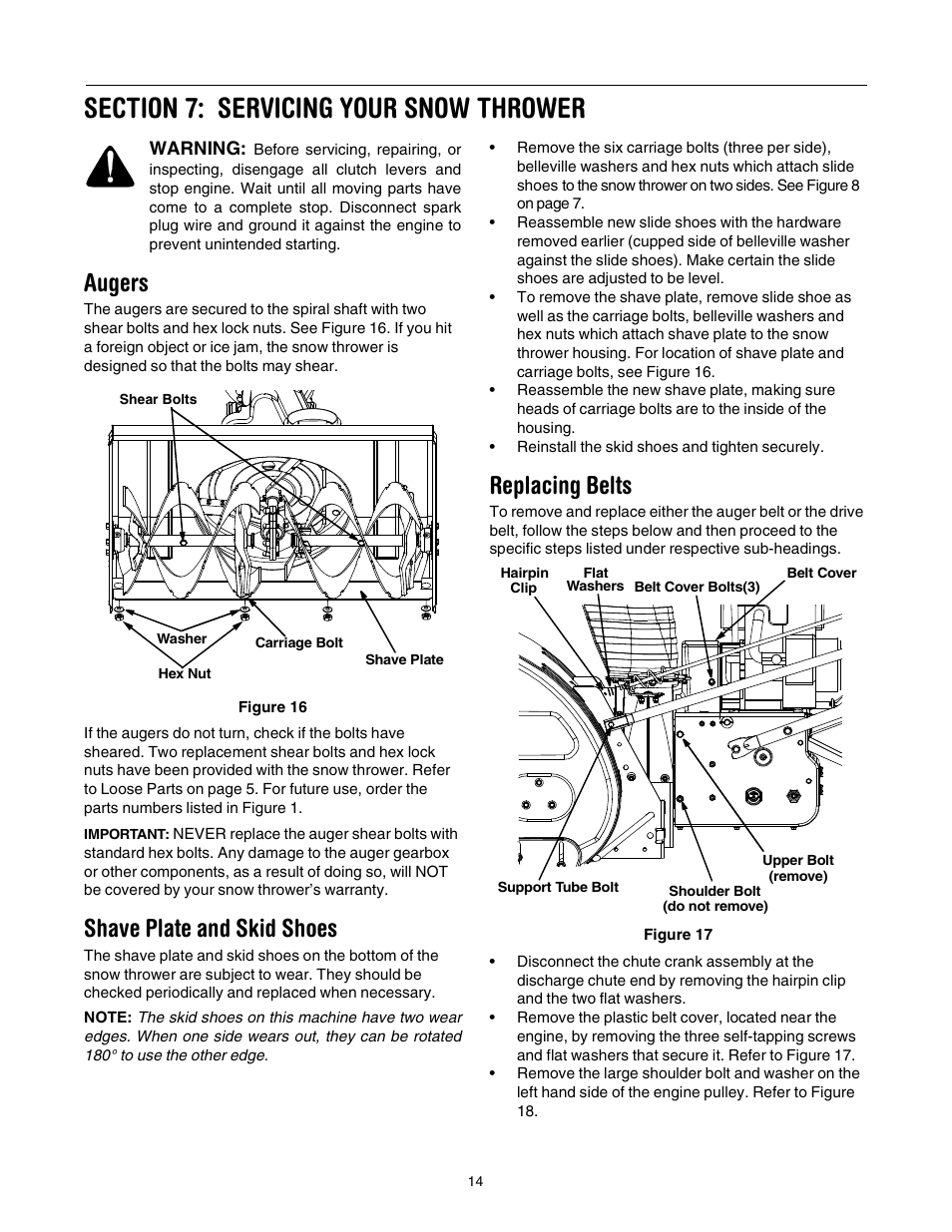 Augers, Shave plate and skid shoes, Replacing belts | Cub Cadet 1345 SWE User Manual | Page 14 / 28