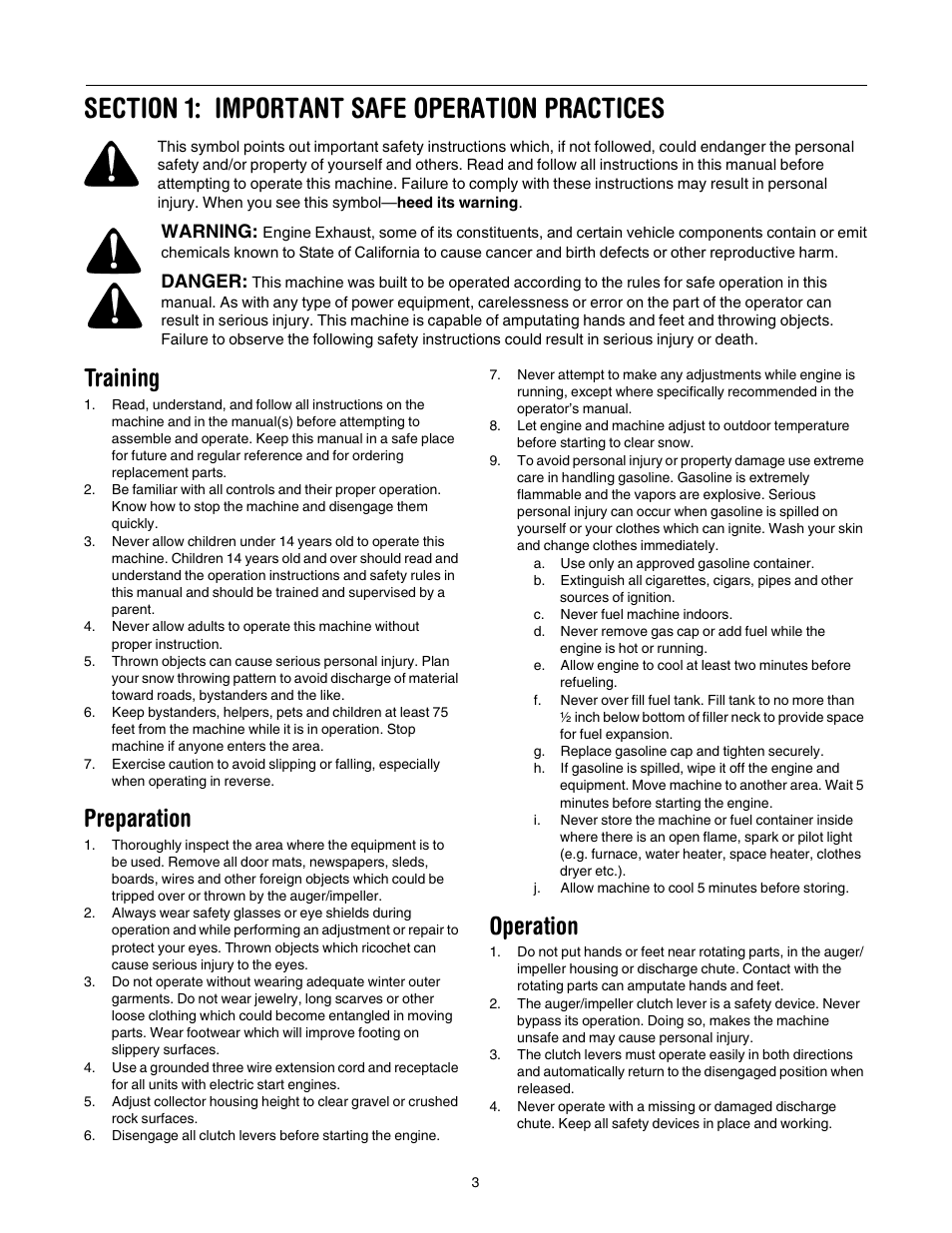 Training, Preparation, Operation | Cub Cadet 1345 SWE User Manual | Page 3 / 28