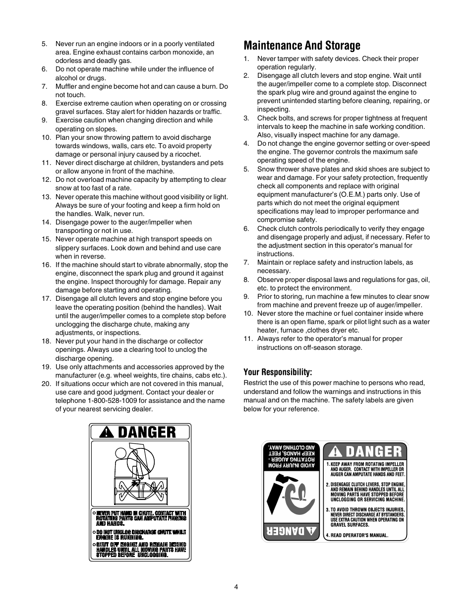Maintenance and storage, Your responsibility | Cub Cadet 1345 SWE User Manual | Page 4 / 28