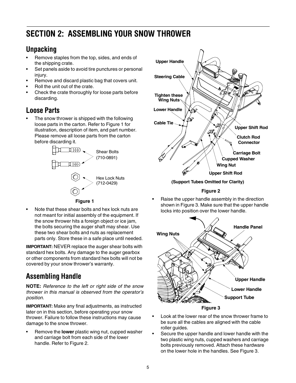 Unpacking, Loose parts, Assembling handle | Cub Cadet 1345 SWE User Manual | Page 5 / 28