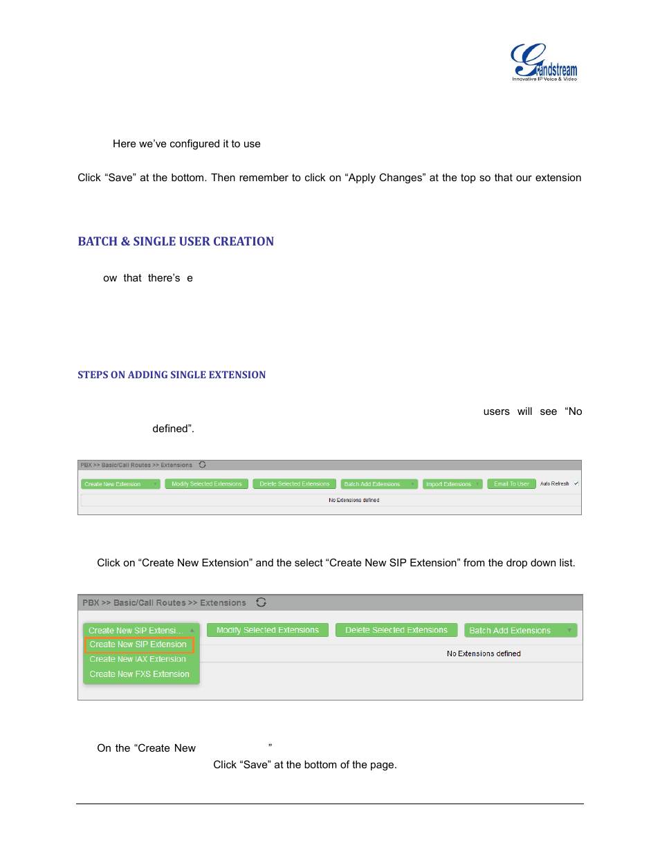 Batch & single user creation, Steps on adding single extension, Figure 5: pbx -> basic/call routes -> extensions | Figure 6: create new extension | Grandstream UCM6510 basic setup guide User Manual | Page 10 / 30