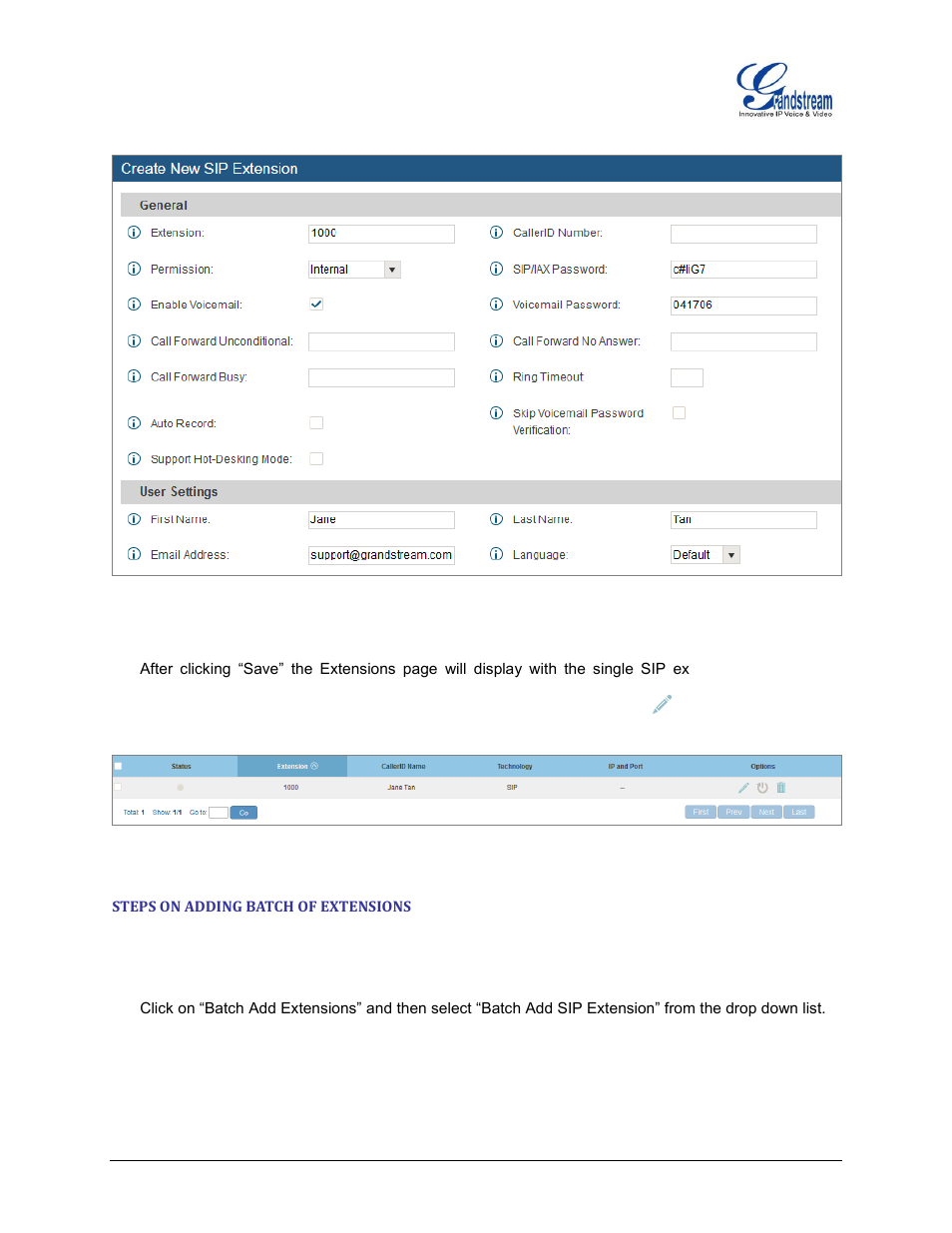 Steps on adding batch of extensions, Figure 7: create new sip extension | Grandstream UCM6510 basic setup guide User Manual | Page 11 / 30