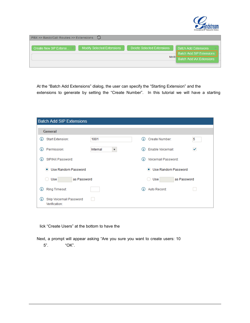 Figure 9: batch add sip extension, Figure 10: create user extension - batch add user | Grandstream UCM6510 basic setup guide User Manual | Page 12 / 30