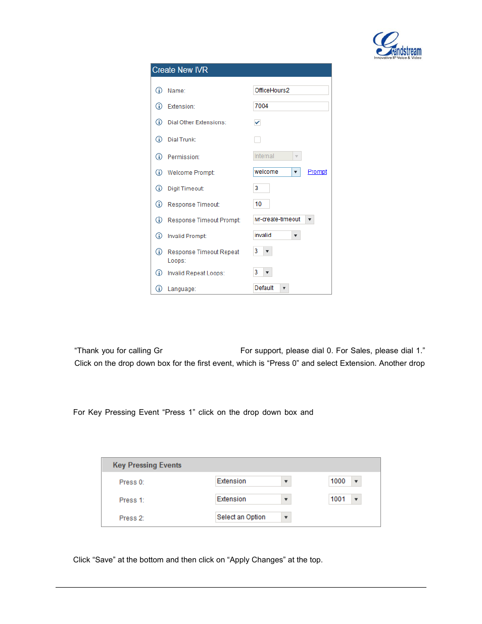 Figure 21: ivr - create new ivr, Figure 22: ivr - key pressing events | Grandstream UCM6510 basic setup guide User Manual | Page 21 / 30