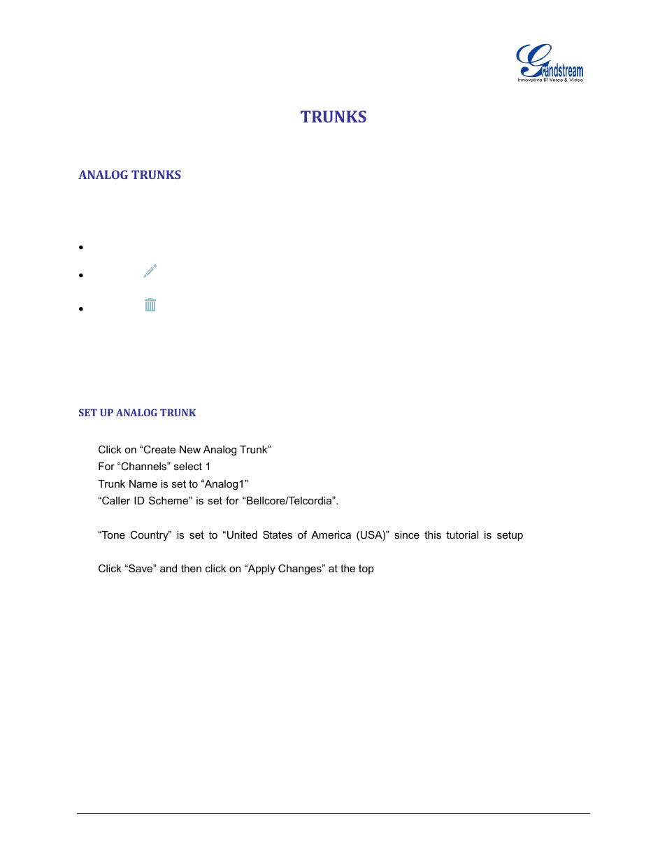 Trunks, Analog trunks, Set up analog trunk | Grandstream UCM6510 basic setup guide User Manual | Page 22 / 30