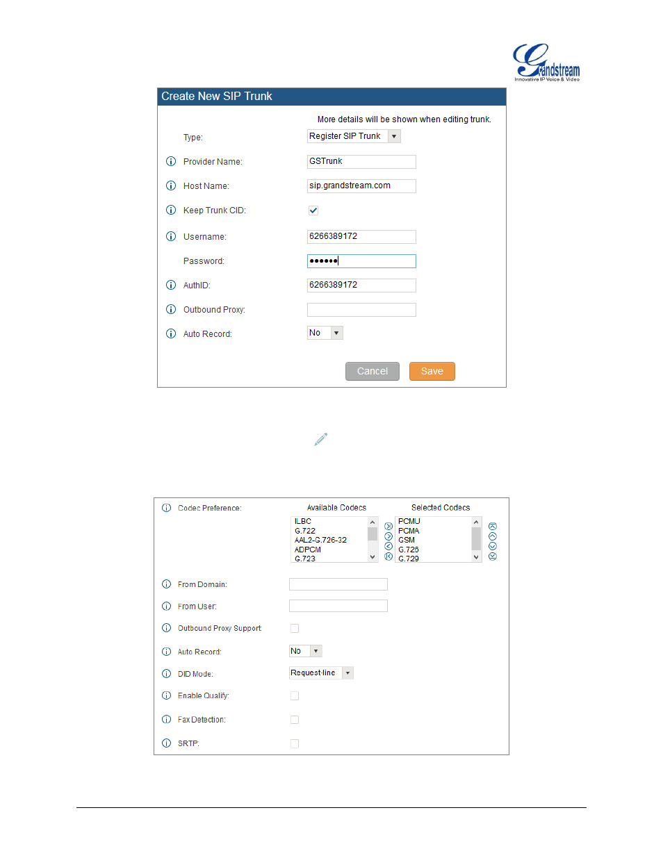 Figure 25: voip trunks - edit voip trunk | Grandstream UCM6510 basic setup guide User Manual | Page 25 / 30