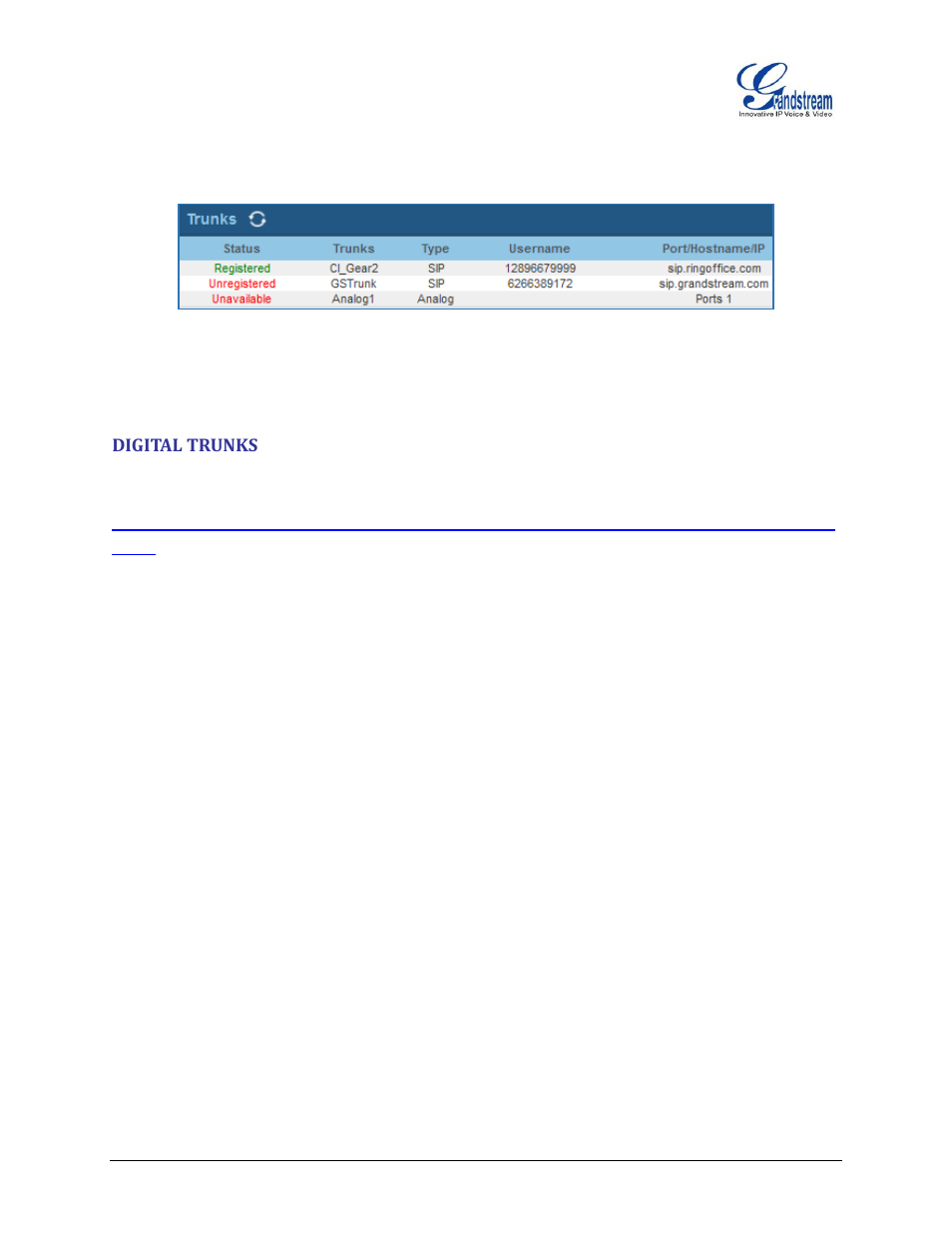 Digital trunks, Figure 26: status - trunks | Grandstream UCM6510 basic setup guide User Manual | Page 26 / 30