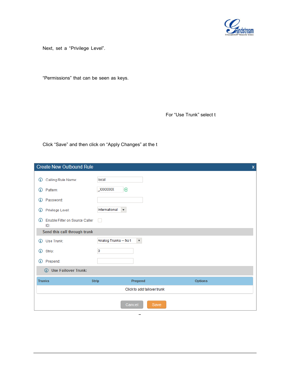 Figure 27: routes, Create outbound route | Grandstream UCM6510 basic setup guide User Manual | Page 28 / 30