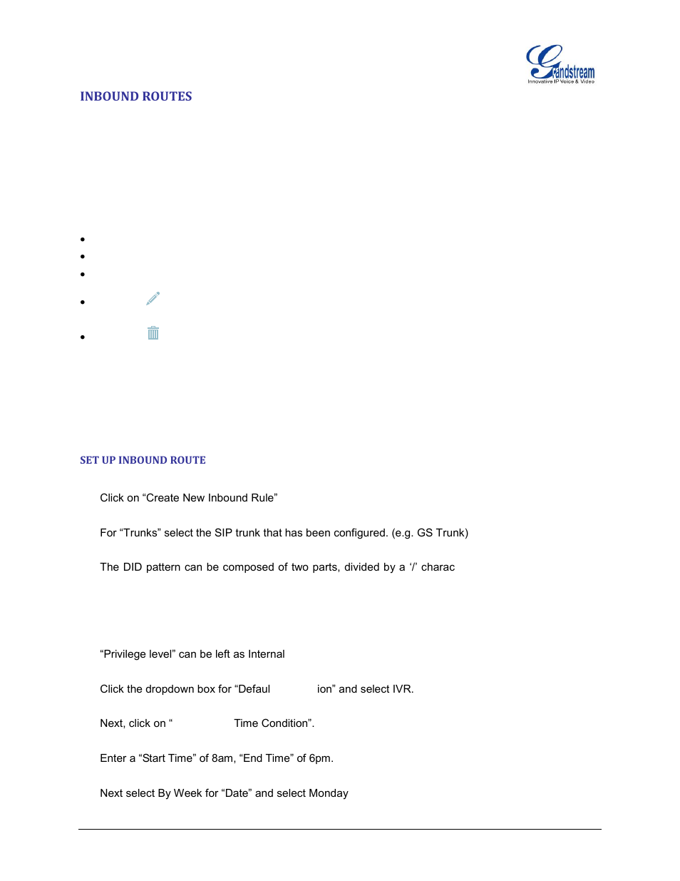Inbound routes, Set up inbound route | Grandstream UCM6510 basic setup guide User Manual | Page 29 / 30