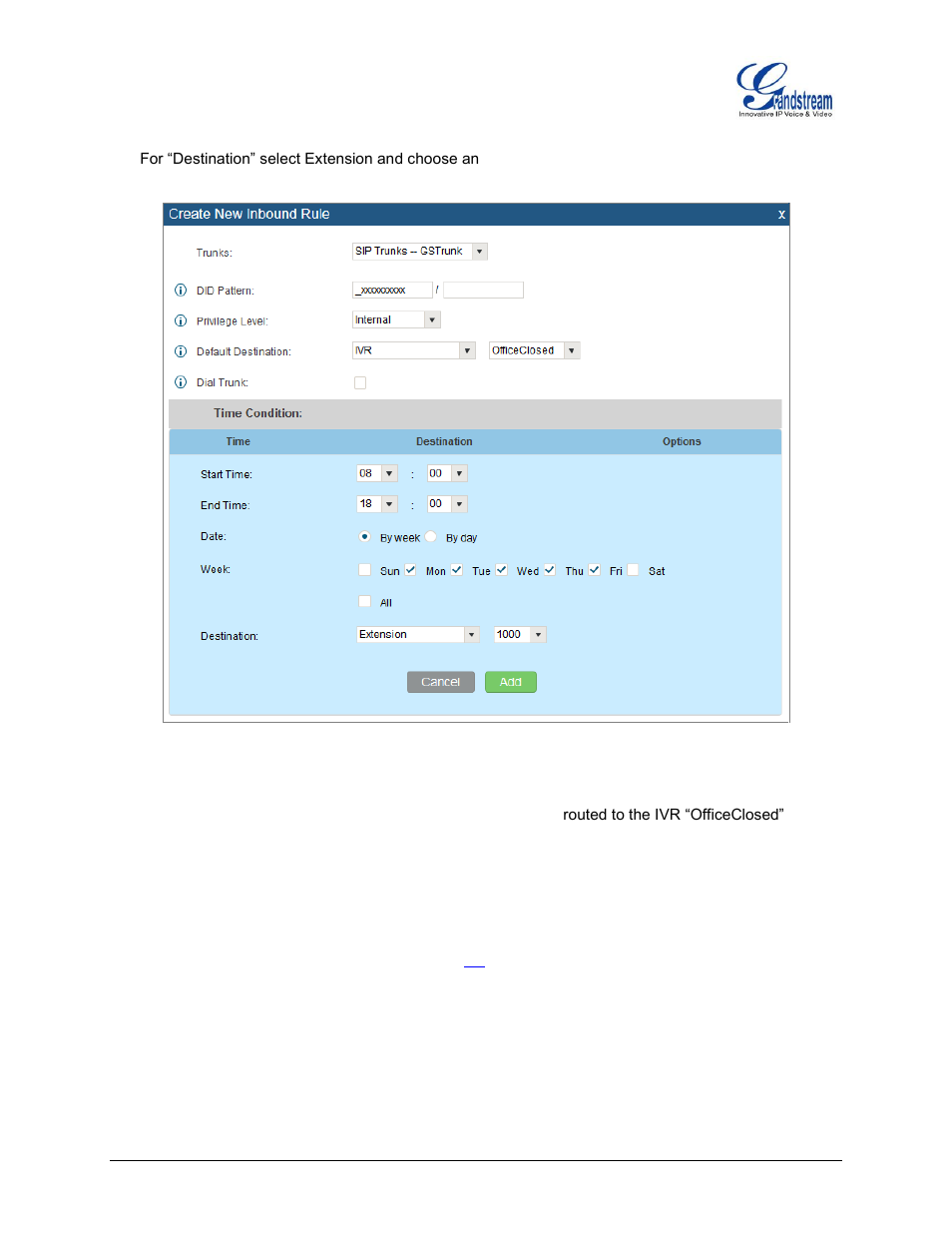 Figure 28: routes - create inbound route | Grandstream UCM6510 basic setup guide User Manual | Page 30 / 30