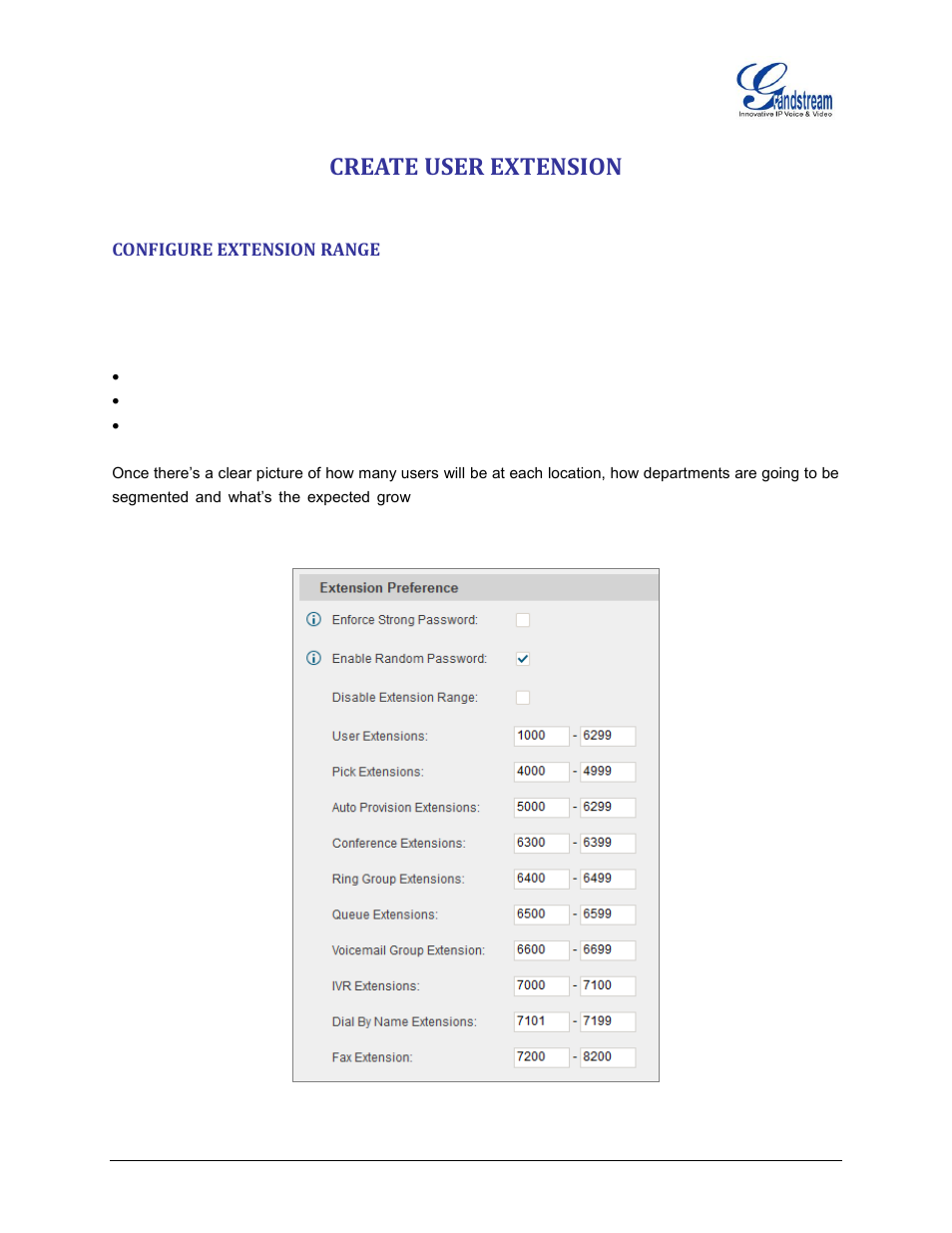 Create user extension, Configure extension range, Figure 4: create user extension - extension range | Grandstream UCM6510 basic setup guide User Manual | Page 9 / 30