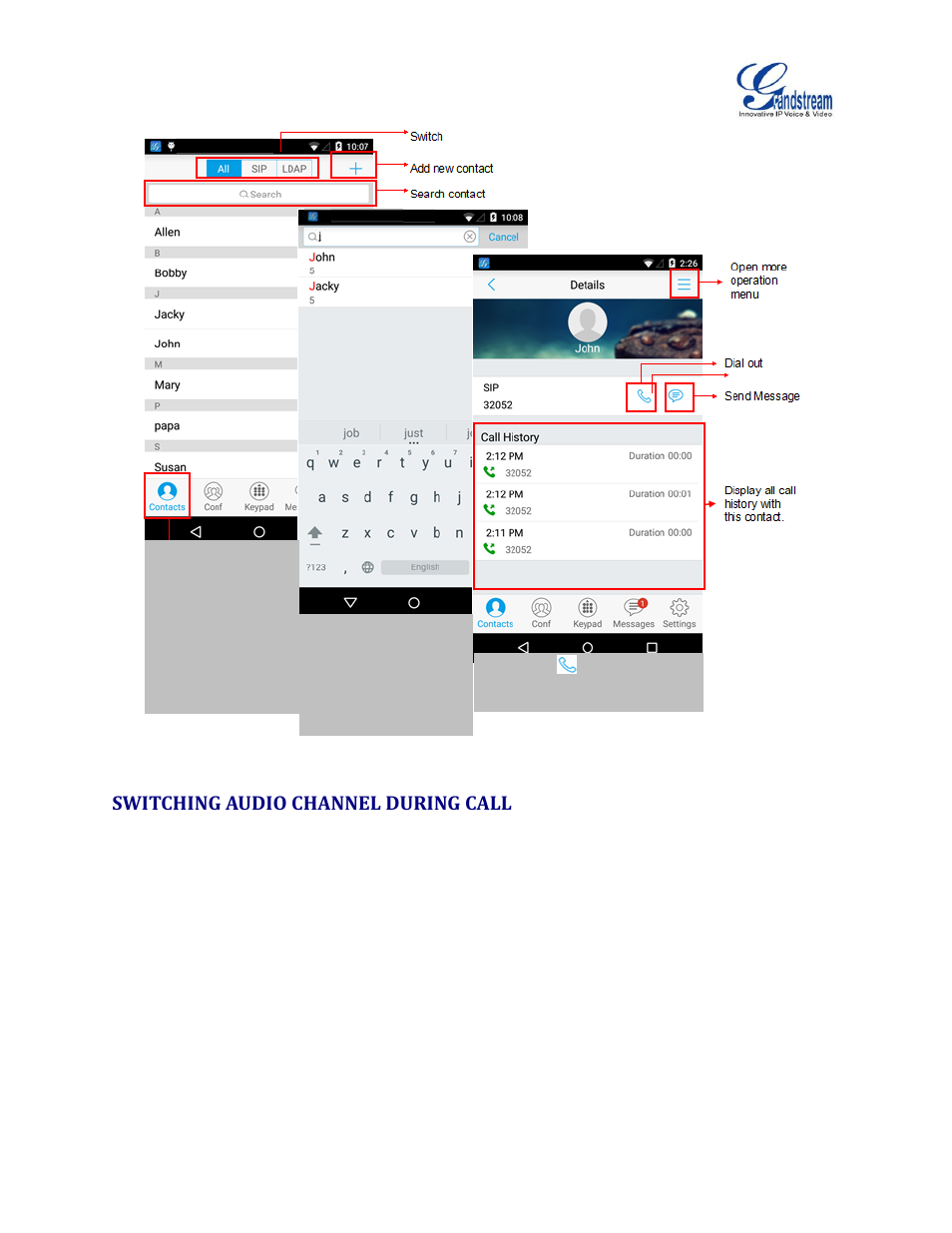 Switching audio channel during call, Figure 6: dial-up via contacts | Grandstream Wave User Manual | Page 15 / 65