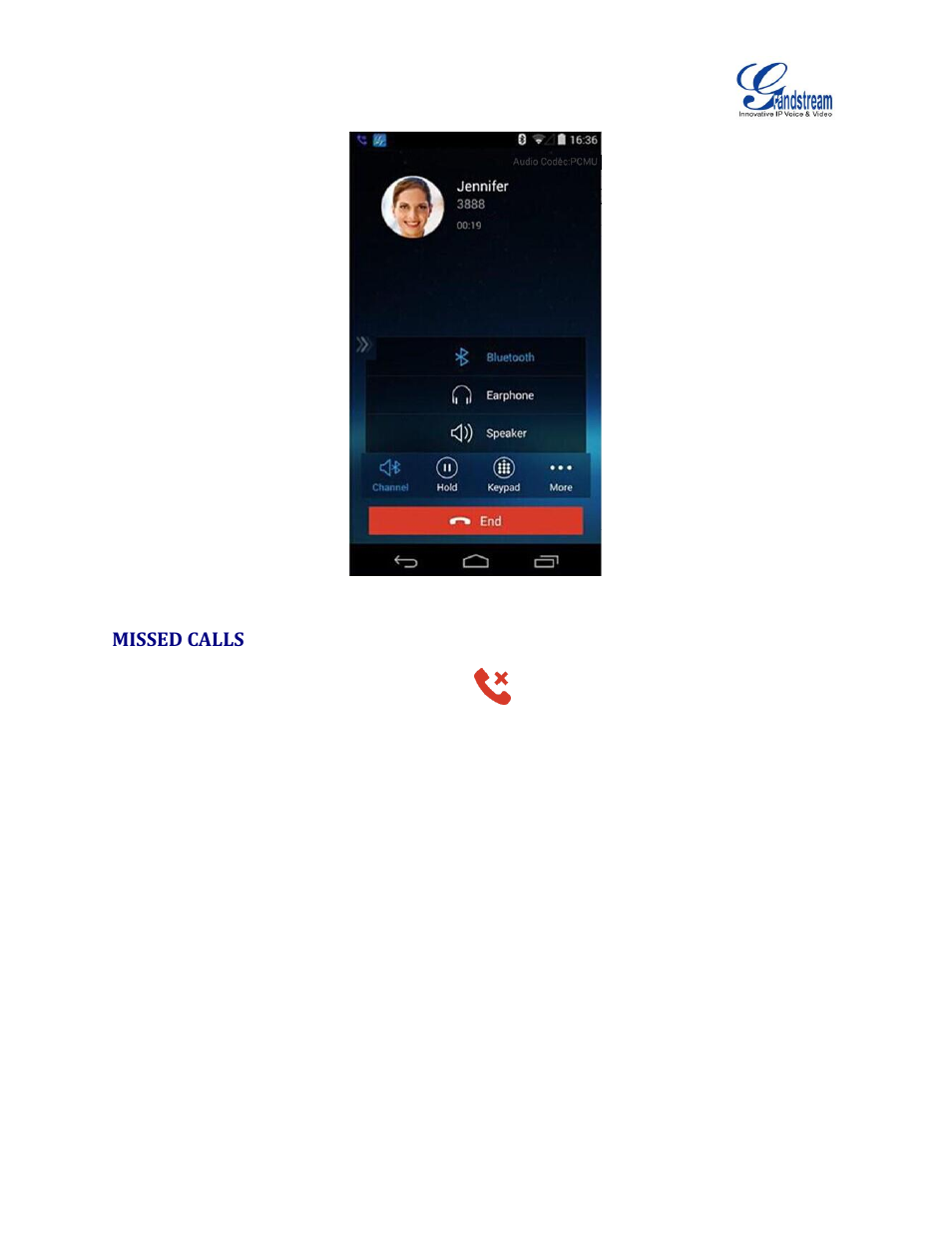 Missed calls, Figure 13: call via bluetooth | Grandstream Wave User Manual | Page 22 / 65