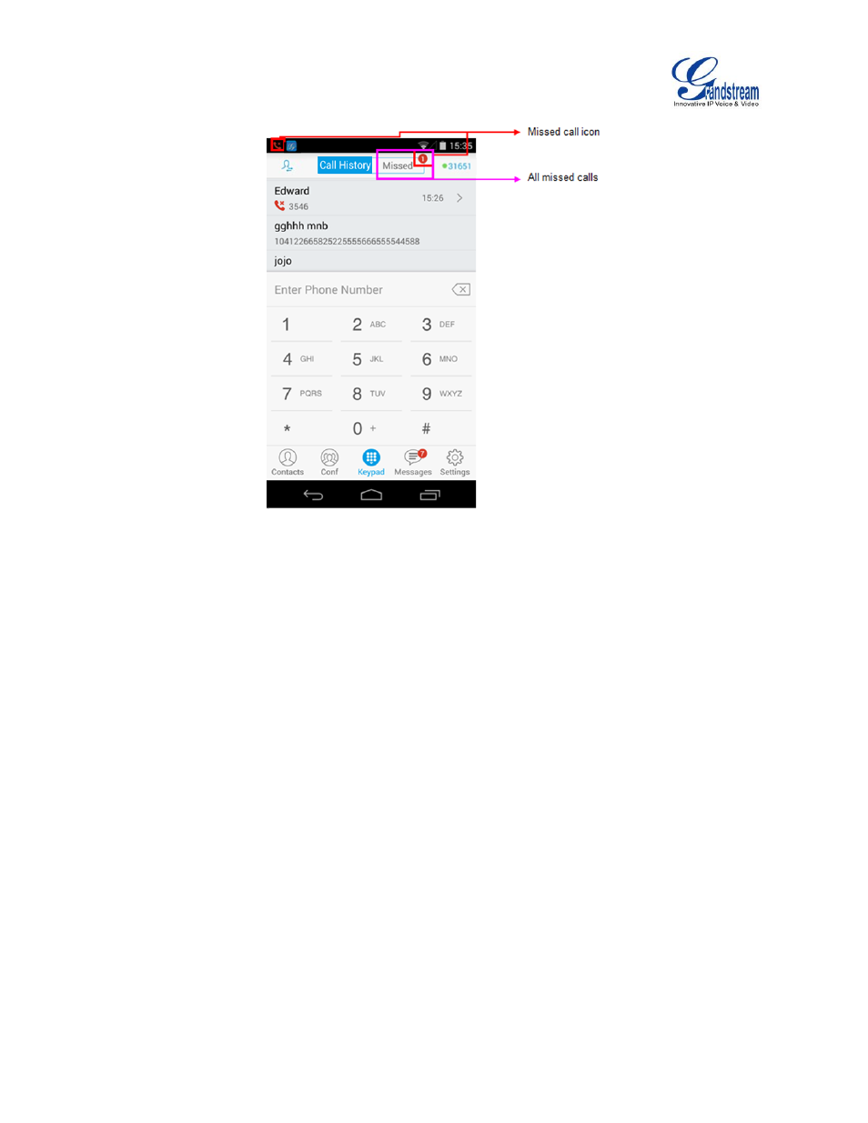 Figure 14: missed call screen | Grandstream Wave User Manual | Page 23 / 65