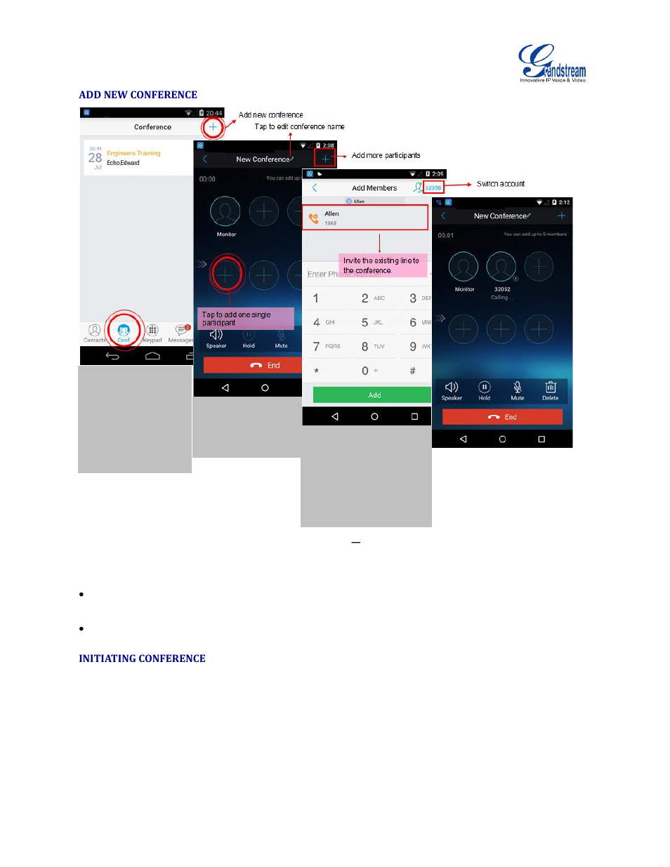 Add new conference, Initiating conference, Figure 19: grandstream wave conference | Add new call to the conference | Grandstream Wave User Manual | Page 28 / 65