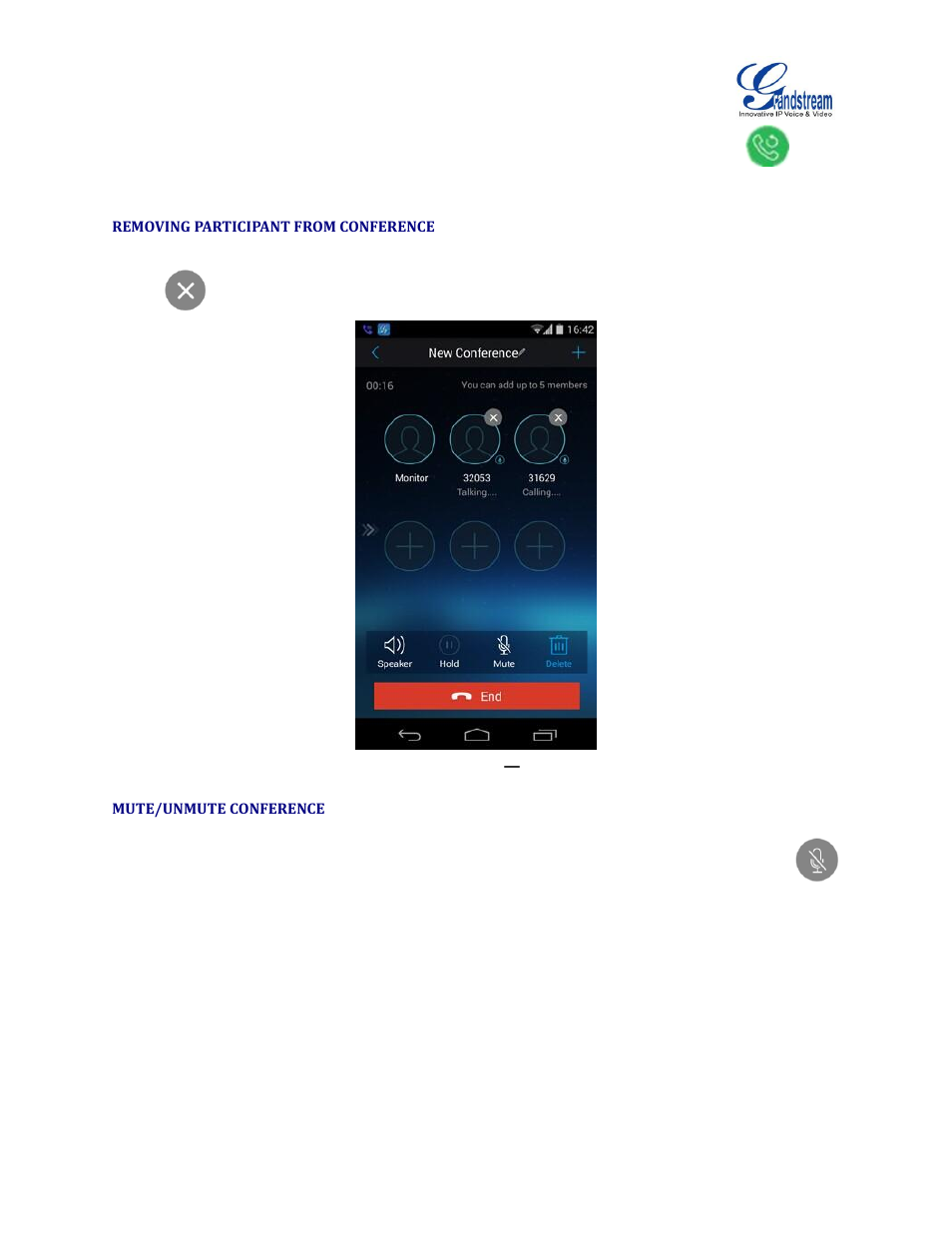 Removing participant from conference, Mute/unmute conference, Figure 21: grandstream wave conference | Delete conference participant | Grandstream Wave User Manual | Page 30 / 65