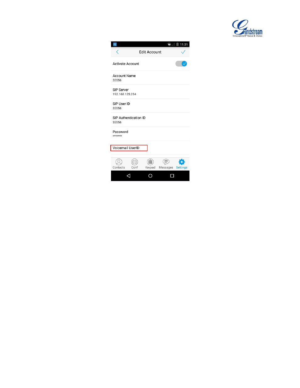 Figure 24: configure voicemail userid | Grandstream Wave User Manual | Page 33 / 65