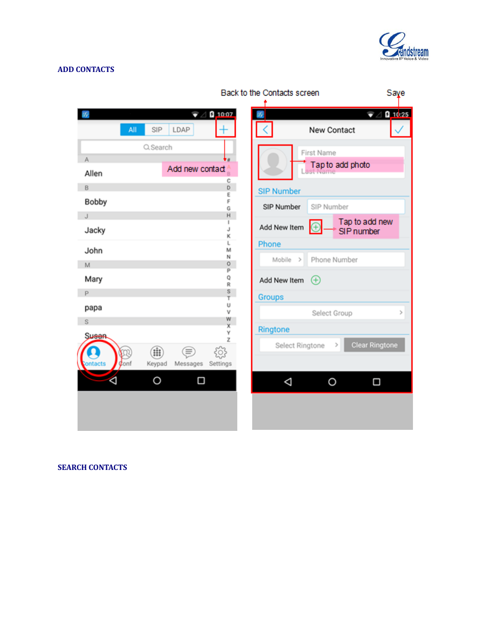 Add contacts, Search contacts, Figure 27: grandstream wave add new contact | Grandstream Wave User Manual | Page 36 / 65