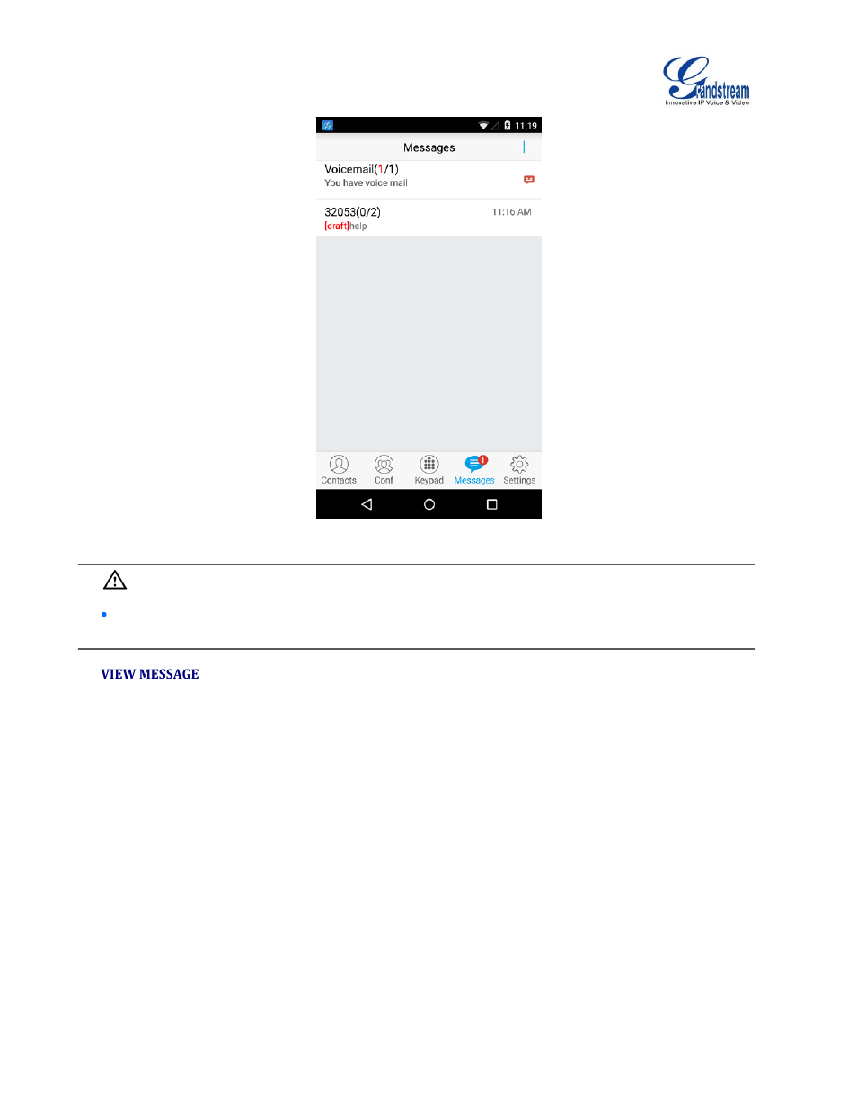 View message, Figure 35: grandstream wave messages screen | Grandstream Wave User Manual | Page 44 / 65