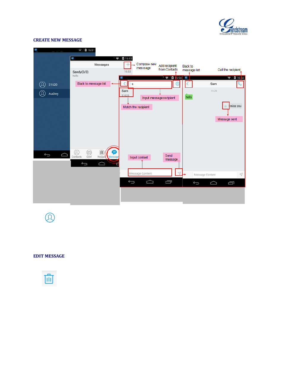 Create new message, Edit message, Figure 37: grandstream wave create new message | Grandstream Wave User Manual | Page 46 / 65