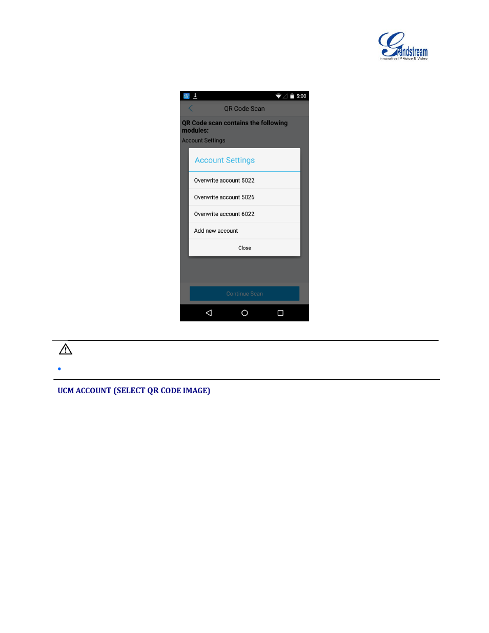 Ucm account (select qr code image), Figure 40: qr code scan screen | Grandstream Wave User Manual | Page 49 / 65
