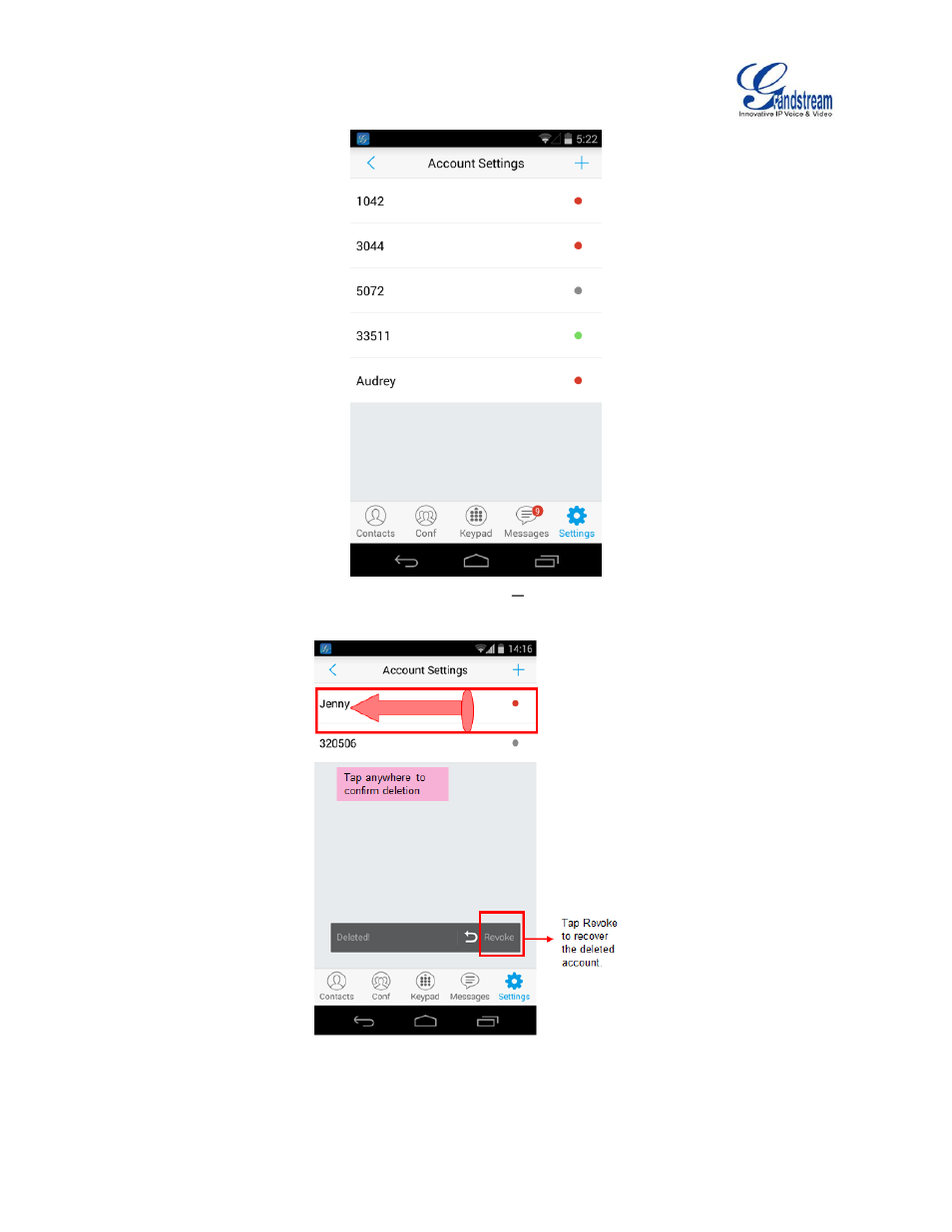 Table 2: edit account parameters, Figure 42: account settings screen, Registration success | Figure 43: slide to delete account | Grandstream Wave User Manual | Page 51 / 65