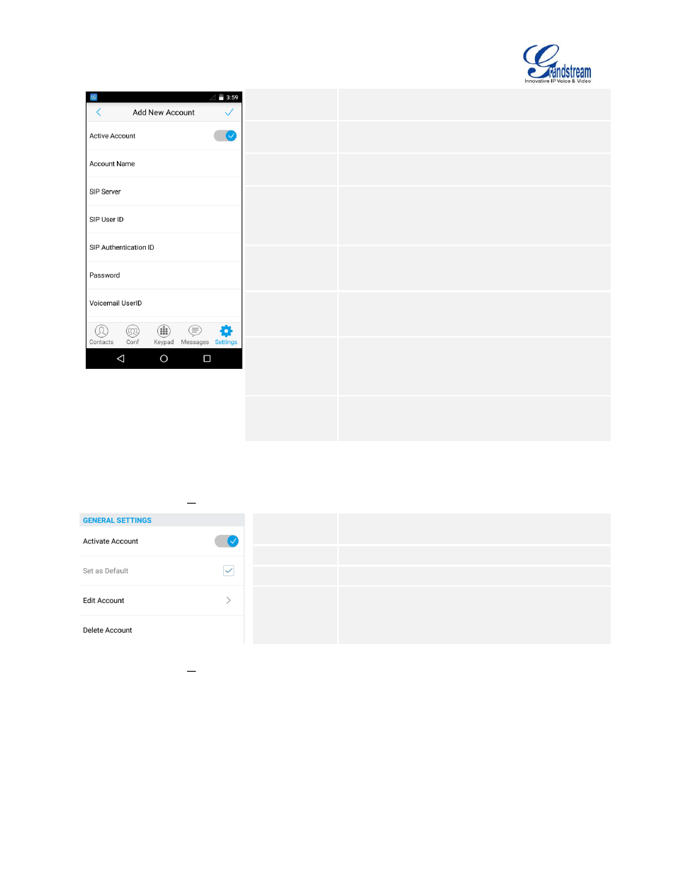 Table 3: account settings, General settings parameters, Table 4: account settings | Call settings parameters | Grandstream Wave User Manual | Page 52 / 65
