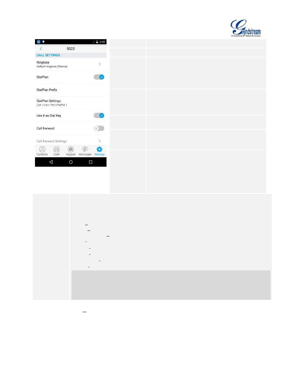 Table 5: account settings, Sip settings parameters | Grandstream Wave User Manual | Page 53 / 65