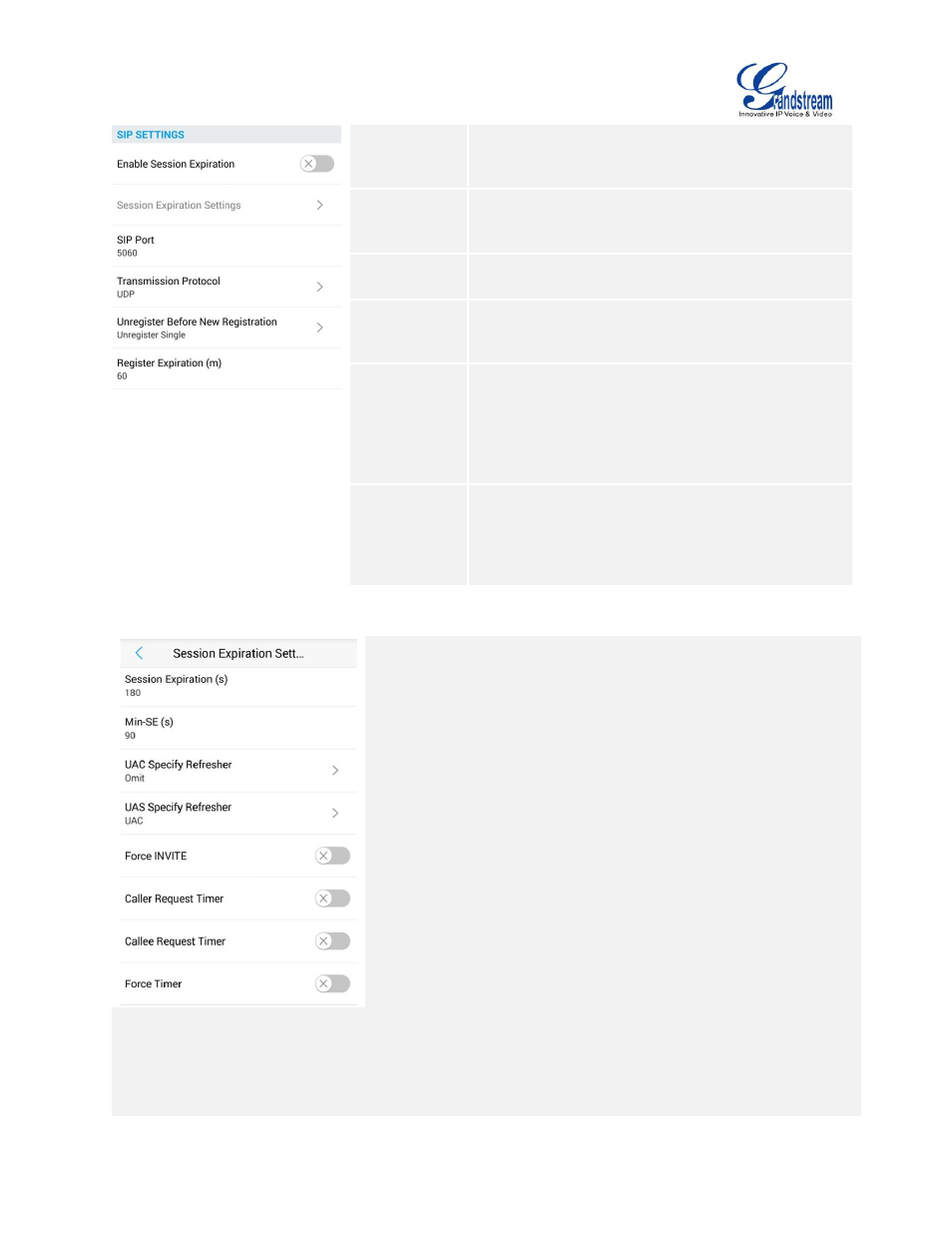 Table 6: session expiration settings parameters | Grandstream Wave User Manual | Page 54 / 65