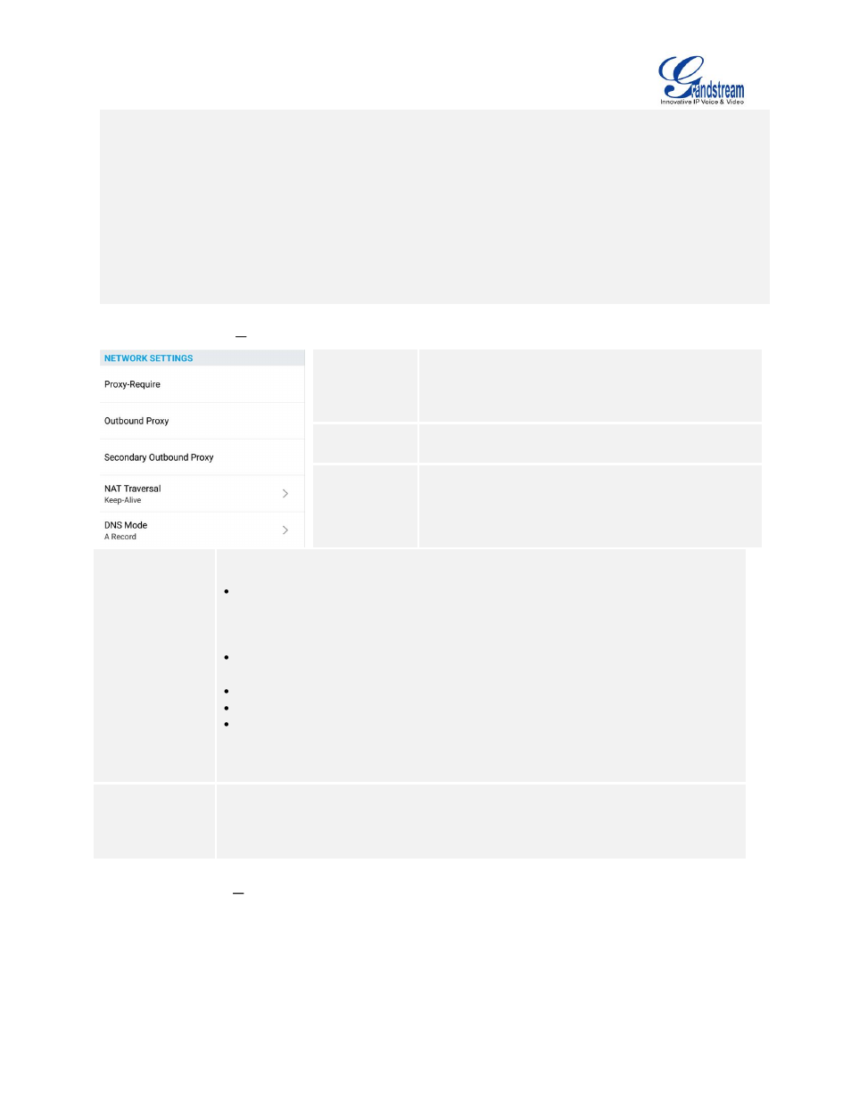 Table 7: account settings, Network settings parameters, Table 8:account settings | Codec settings parameters | Grandstream Wave User Manual | Page 55 / 65