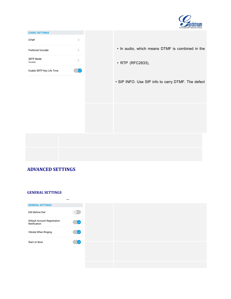Advanced settings, General settings, Table 9: advanced settings | General settings parameters | Grandstream Wave User Manual | Page 56 / 65