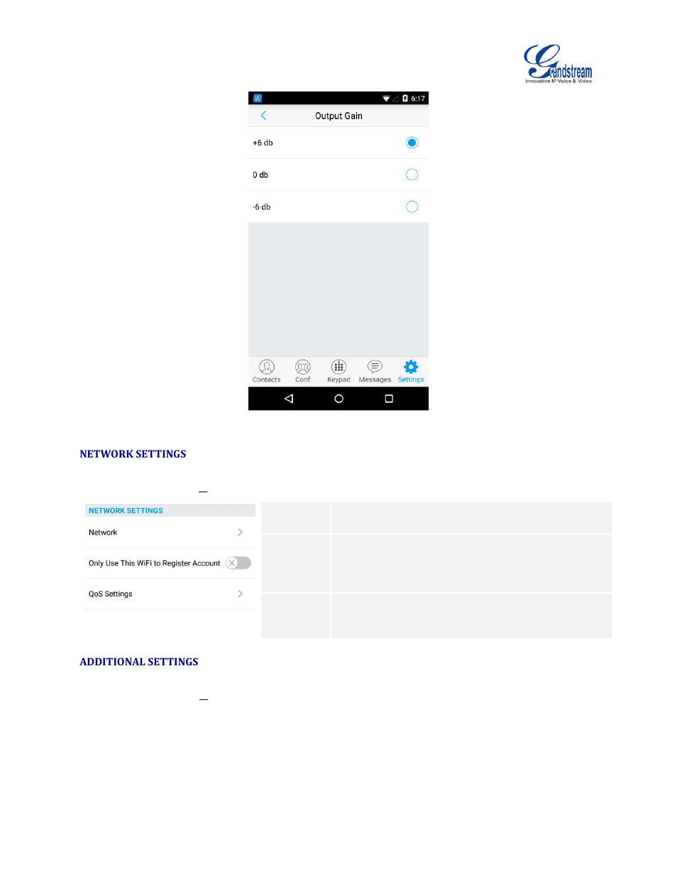 Network settings, Additional settings, Table 11: advanced settings | Network settings parameters, Table 12: advanced settings, Additional settings parameters, Figure 47: output gain screen | Grandstream Wave User Manual | Page 59 / 65